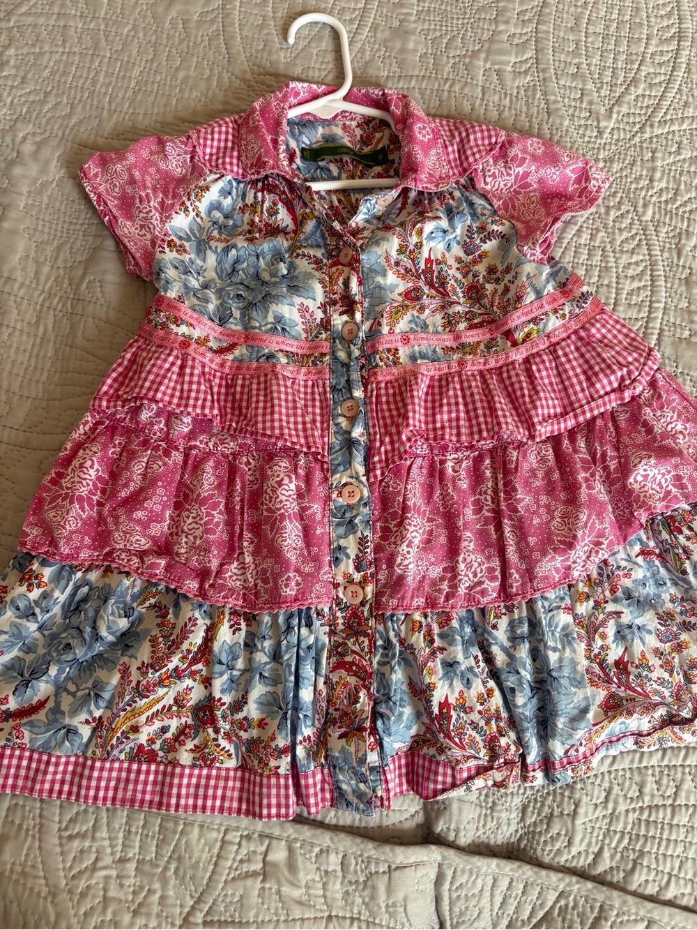 Oilily Pink Floral Patchwork Ruffle Button Front Top